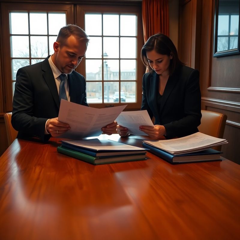 Doi consultanți studiind rapoarte tipărite în lumină naturală